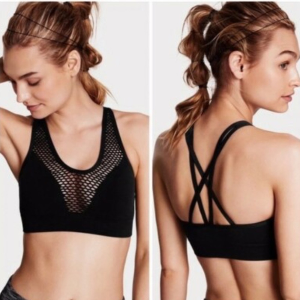 L | Mesh Seamless Strappy Back Sports Bra | Black